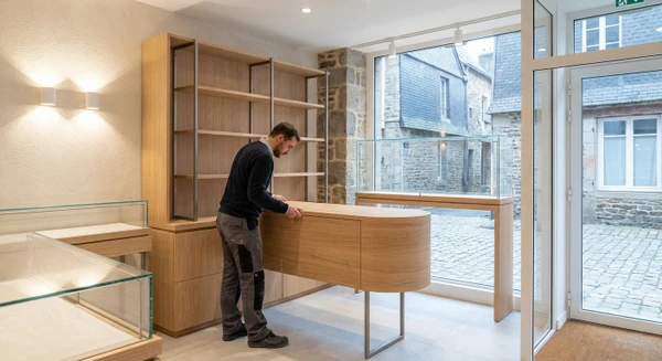 Intérieur d'un magasin ou commerce en cours d'aménagement ou fraîchement rénové, montrant des éléments d'agencement professionnel tels que des vitrines, comptoirs, mobiliers de présentation ou rangements intégrés de qualité, avec éventuellement un artisan ou professionnel en train de finaliser l'installation. La scène doit illustrer la finition professionnelle et le travail d'agencement commercial réalisé par l'entreprise.