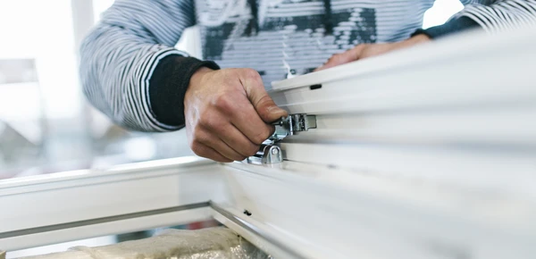 Intérieur d'atelier, homme en chemise rayée assemblant meuble blanc, manipulation précise d'éléments de fixation métalliques